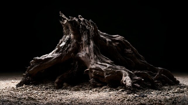 A weathered tree root sculpture emerges from gravel against a dark background  showcasing rugged textures and organic contours