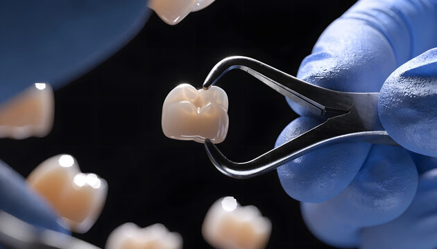 Dentist holding extracted tooth with pliers in sterile clinic setting