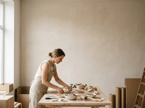 A woman in an apron is working at a table with various materials and tools, likely engaged in a craft or artistic activity. The setting appears to be a simple, well-lit room with plain walls 