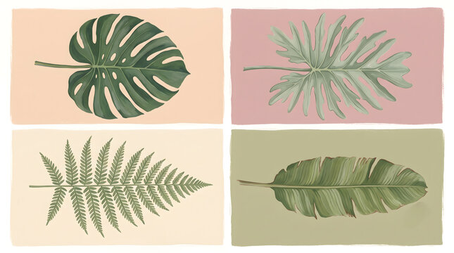 A minimalist, modern set of four botanical illustrations arranged in a 2x2 grid. Each square features a distinct tropical or woodland leaf&mdash;such as a monstera, palm frond, or fern