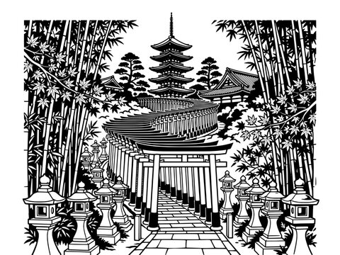Japanese Torii Gate Path and Pagoda Illustration