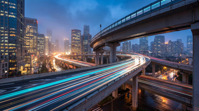 Complex urban highway interchange with colorful light trails over city streets reflects dynamic modern transit.