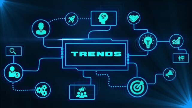Business trends animation with connected icons illustrating market shifts, consumer behavior, industry insights, emerging opportunities and data driven forecasting