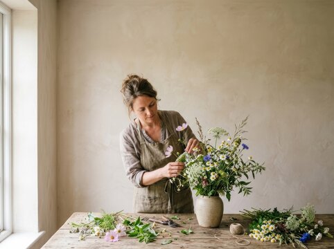 A woman arranges flowers in a vase on a wooden table by a window. The setting is a simple, light-colored room with natural light streaming in. The flowers are a mix of white and purple,