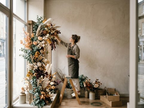 A woman arranges a large floral arrangement in a bright, modern interior space. She stands on a ladder, carefully placing flowers and greenery. The room is well-lit with natural light streaming 