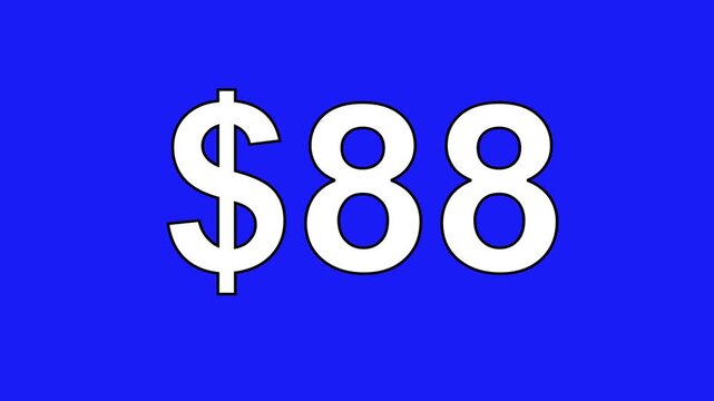 Animated 88 dollar sign symbol cash price tag text motion graphic isolated on blue background