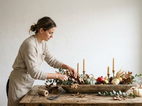 A woman arranges a rustic centerpiece with pumpkins, candles, and leaves on a wooden table. She is wearing a light gray sweater and an apron, focusing on the decoration.