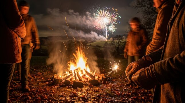 Bonfire burning brightly in the dark night with friends gathered around celebrating Guy Fawkes Night outdoors.