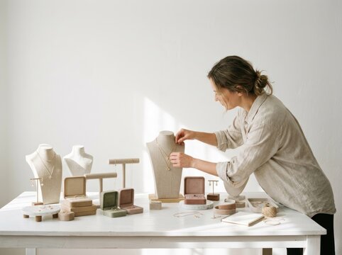 A woman arranges jewelry on a white table with various display stands and boxes. The setting is minimalistic with soft natural light streaming in from the side, highlighting the delicate items 