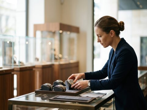 A woman in a business suit is examining a watch in a jewelry store. She is focused on the watch, with a display case and other watches in the background. The setting is well-lit 