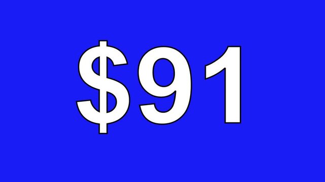 Animated 91 dollar sign symbol cash price tag text motion graphic isolated on blue background