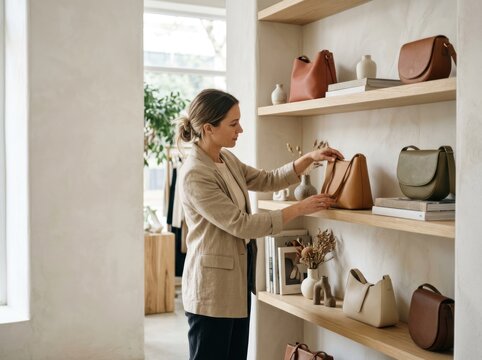 A woman arranges handbags on a shelf in a minimalist store. She is wearing a beige blazer and dark pants, standing in a well-lit, modern interior with shelves displaying various bags 