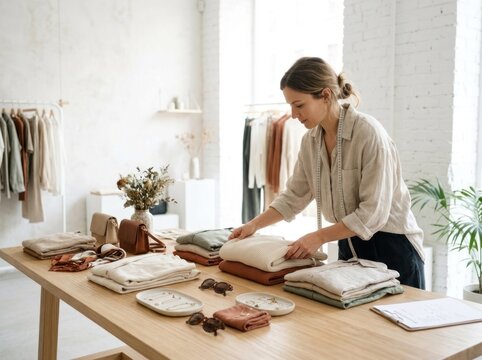 A woman is organizing clothes on a wooden table in a bright, minimalist room. She is wearing a light-colored blouse and dark pants, with a measuring tape around her neck.