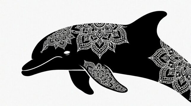 Black dolphin with white mandala tattoo patterns swims in ocean. Artistic sea animal features intricate ethnic ornament design. Creative marine life illustration for spiritual concept, zen decor