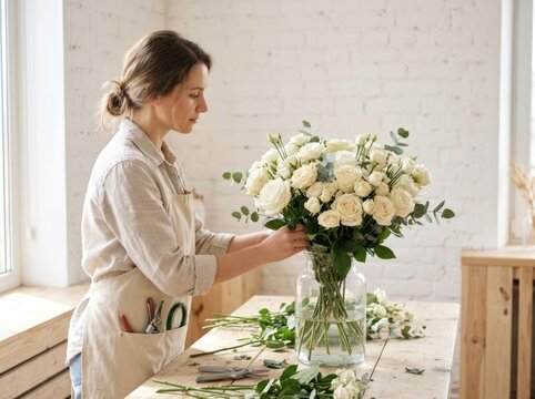 A woman arranges a bouquet of white roses and greenery in a clear glass vase on a wooden table. She is wearing a light-colored apron and a long-sleeved shirt, focused on her task in a bright