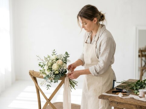 A woman in an apron is arranging a bouquet of flowers on a wooden chair in a bright, minimalist room. She is focused on tying a ribbon around the bouquet