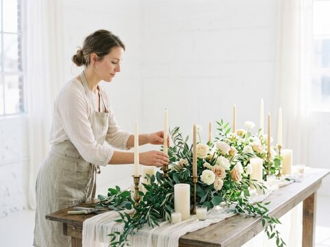 A woman arranges candles and flowers on a long wooden table in a bright, minimalist room. She wears a light-colored apron and has her hair tied back. The table is adorned with greenery, white candles