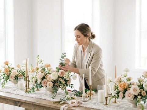 A woman arranges floral decorations on a table in a bright, minimalist room. The table is adorned with elegant floral arrangements and candles, creating a serene and sophisticated atmosphere. 