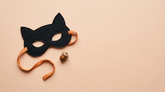 Minimalist Halloween Background with Simple Spooky Decorations, Black cat-shaped eye mask with a ribbon on a beige background with a small pinecone.