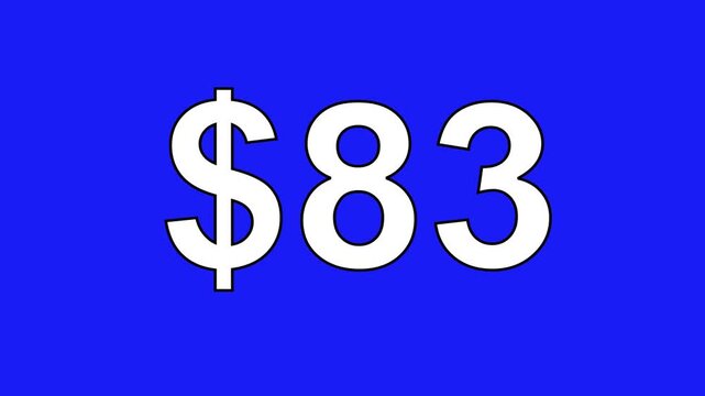 Animated 83 dollar sign symbol cash price tag text motion graphic isolated on blue background