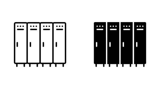 School lockers storage unit icon collection presenting four compartment lockers in stroke and silhouette formats.