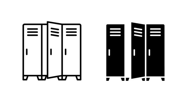Metal locker group with open door icon set for locker room security and storage accessibility concepts.