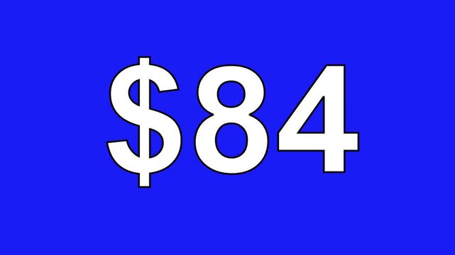 Animated 84 dollar sign symbol cash price tag text motion graphic isolated on blue background