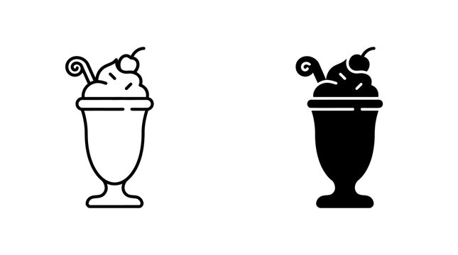 Milkshake with cherry and straw line and glyph icon vector illustration.