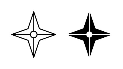 Shuriken star icon set featuring sharp linear and solid black blades for ninja weapon or gaming assets. © Iqrabatool