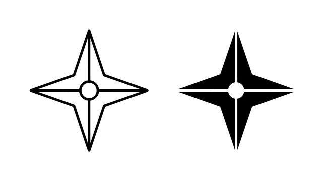 Shuriken star icon set featuring sharp linear and solid black blades for ninja weapon or gaming assets.