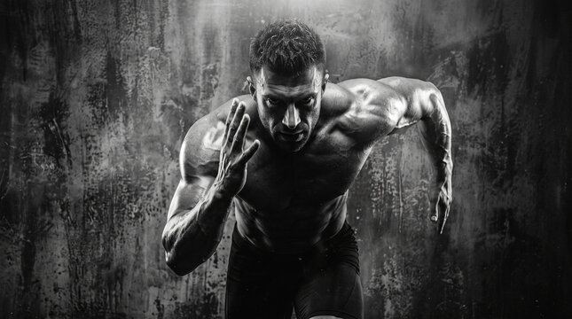 Dynamic muscular athlete sprinting forward in dramatic black and white against a dark grunge wall, showing powerful explosive movement, strength, fitness motivation, and athletic endurance.