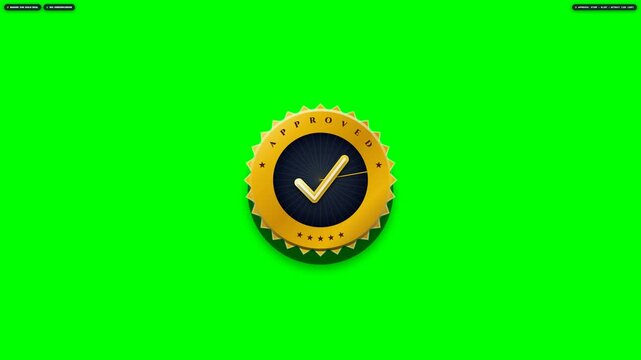 Prestigious 3D golden certified approved checkmark seal badge with kinetic drawing stroke, stamp slam impact, expanding celebration shockwave, and sweeping specular light gleam on chroma greenscreen 1