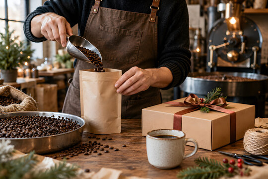 Independent coffee roastery worker packing roasted beans for sustainable holiday gift order