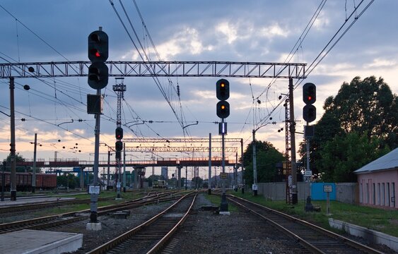 Railway traffic signal lights at Mykytivka station in Horlivka, Donetsk Oblast of Ukraine