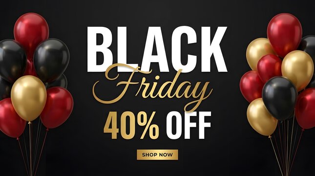 Black friday 40 percent off sale sign with red gold and black balloons on dark background.
