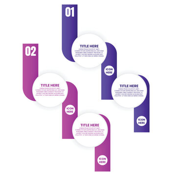 Four Step Purple and Pink Vertical Process Infographic with Alternating Numbered Blocks and Circular Labels