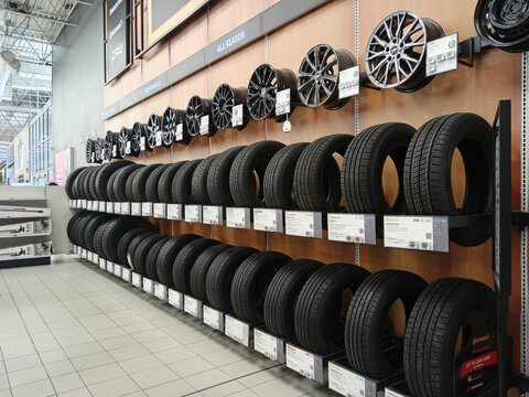 Penticton, Canada - July 19, 2026: Interior view of various tires and alloy wheels at a Canadian Tire store located in Penticton, British Columbia, Canada.