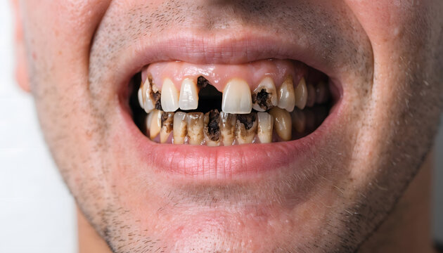 Close up of a man showing severe tooth decay and missing teeth for dental health awareness
