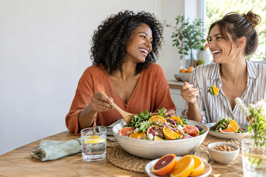 Two smiling women, black woman with curly hair with caucasian friend, laughing while sharing citrus salad with orange slices at wooden table in bright kitchen