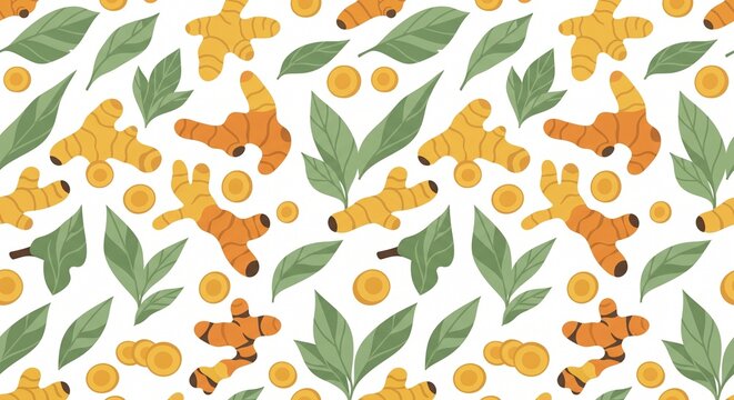 Seamless turmeric root and leaf pattern, golden yellow botanical background