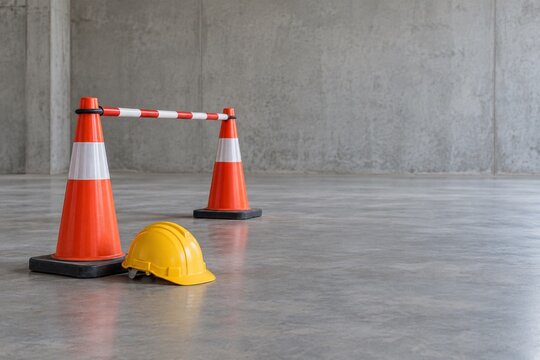 Empty Industrial Work Zone with Safety Cones