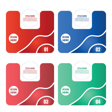 Four Panel Business Infographic with Red Blue Pink and Green Rounded Squares and Wavy Dividers