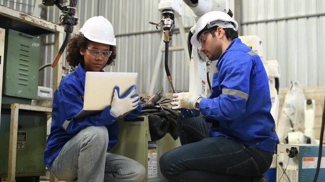 Engineer factory industry wearing safety uniform work and checking system of the welding robots for welding steel electrical by control system robot automate for industry manufacture concept.	