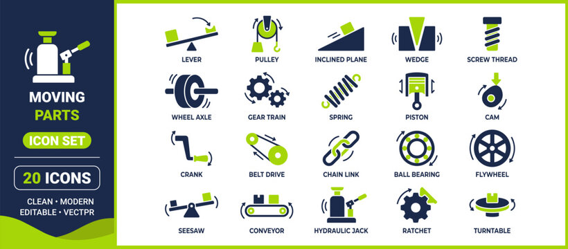 Moving parts and simple machines icon set, Mechanical engineering components icon set
