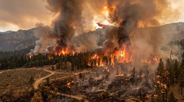 Massive forest fire destroying pine trees in mountain landscape with heavy smoke plumes and an aerial firefighting plane dropping red fire retardant to control the wildfire disaster area.