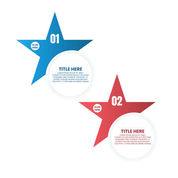 Two Step Star Infographic with Blue and Red Numbered Shapes and Circular Text Labels for Business Planning and Presentation