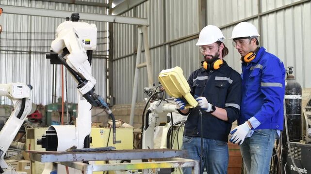 Engineer factory industry wearing safety uniform work and checking system of the welding robots for welding steel electrical by control system robot automate for industry manufacture concept.	
