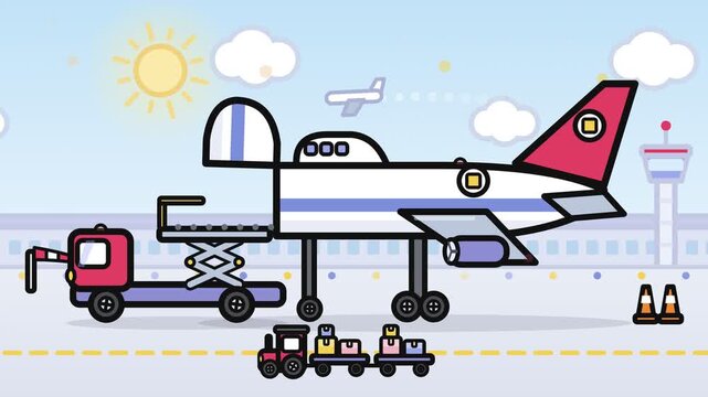Flat Vector Animation Of Cargo Airplane Loading Luggage And Freight At The Airport Runway For Logistics Commercial Aviation Operations Overview