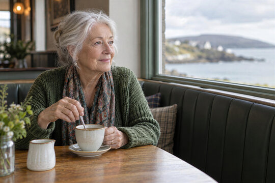 Senior caucasian woman with gray hair stirring tea at diner window table, sea coast view, calm thoughtful morning moment