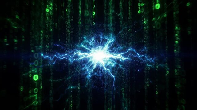Digital Lightning Bolt Exploding in Binary Code Stream Against Dark Background Cinematic Tech Concept